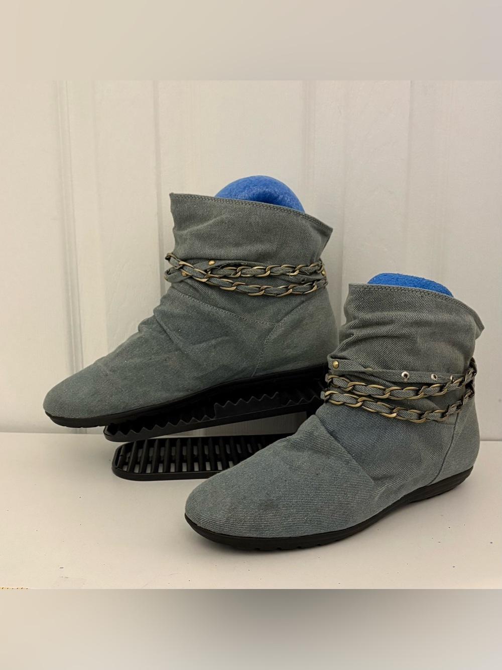 Vintage REPORT Ruched Light Wash Denim Ankle Booties with Chain Accents